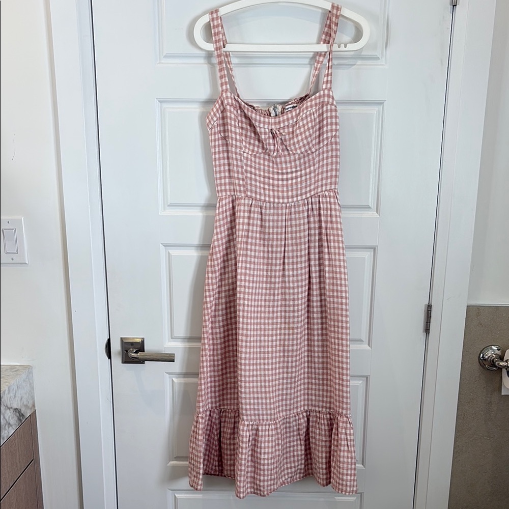 Reformation Rose Pink Gingham Midi Dress with Tie Bodice